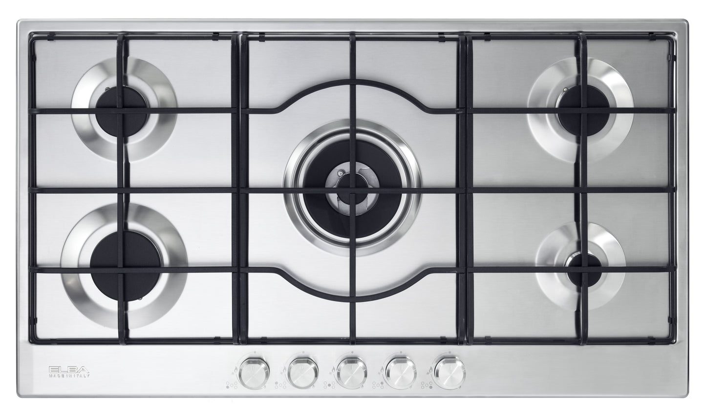 Elba Elio Lite 90cm 5 Burner Gas Hob With Centre Wok Burner - Stainless Steel