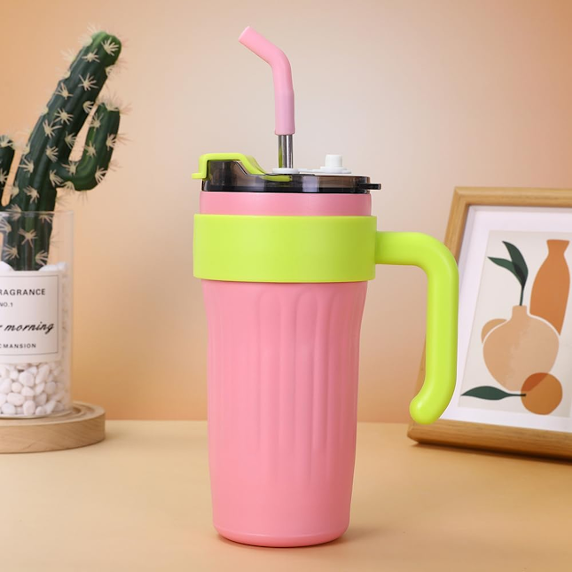 Kitchen Life 860ml Coffee Mug with Lid & Straw Pink & Green