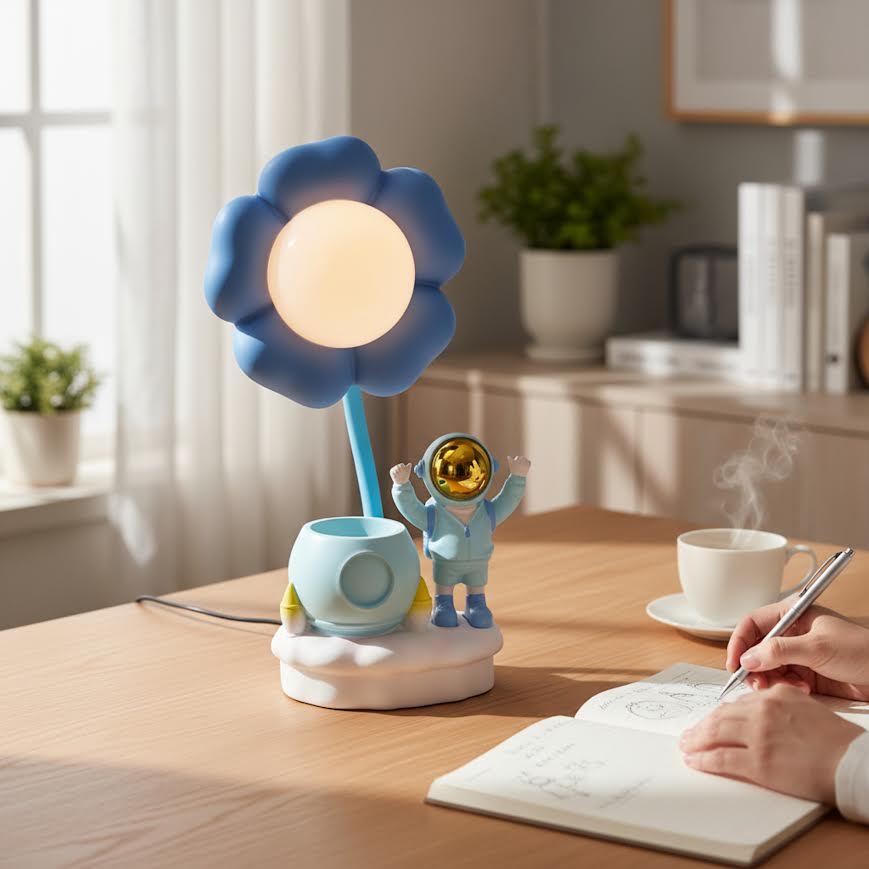 Astronaut Figurine Desk Lamp With Flower - Blue