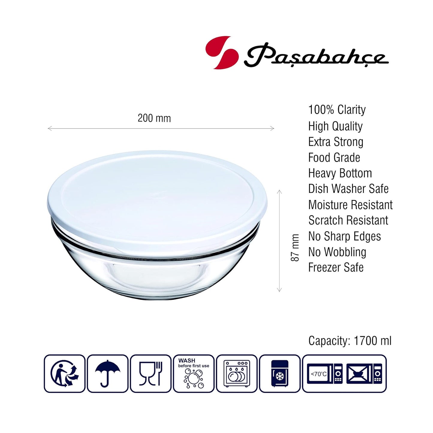 Pasabahce 1.7Lt Glass Mixing Bowl with Lid Clear