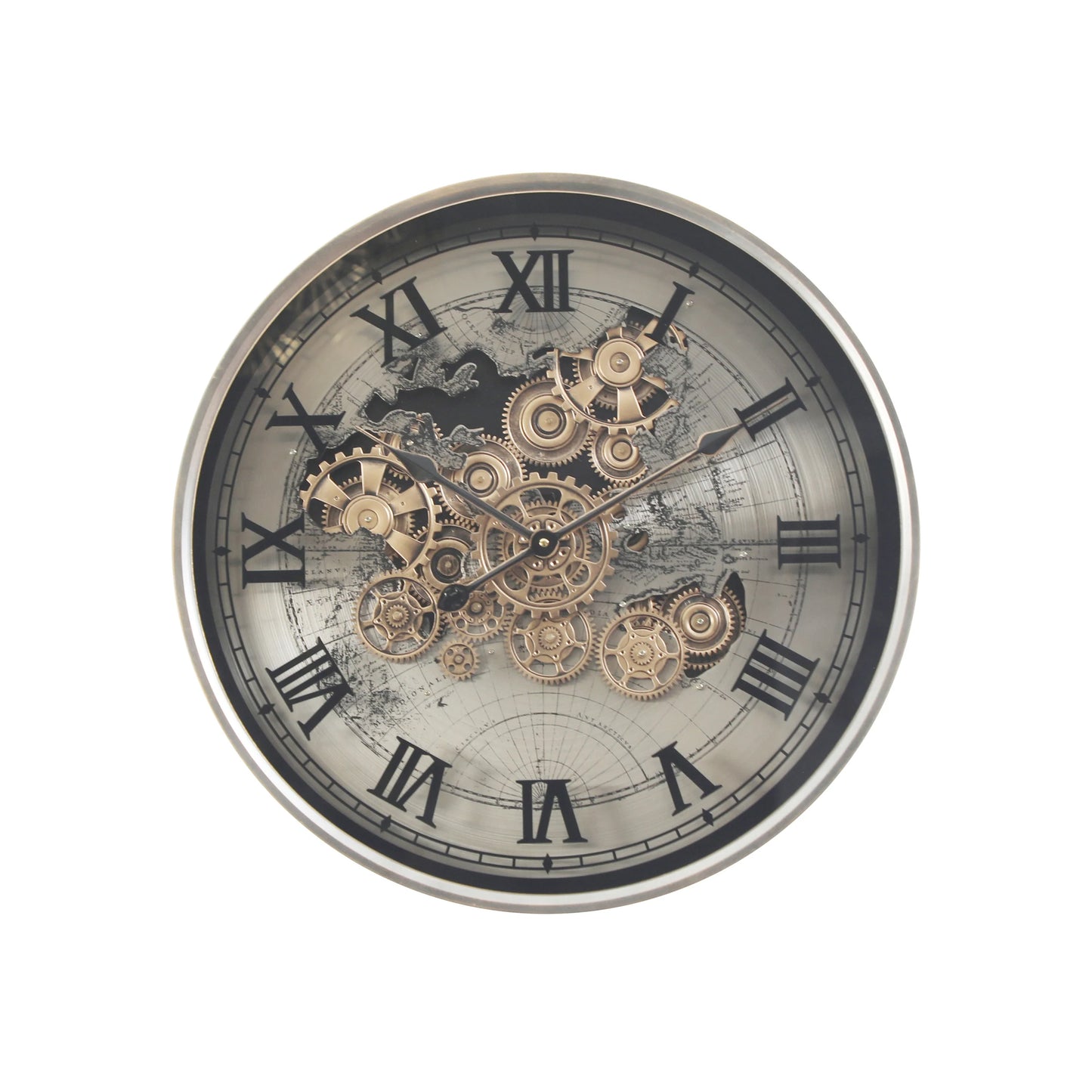 2 in 1 Vasco Map Moving Gears Side Table Floor Clock Silver