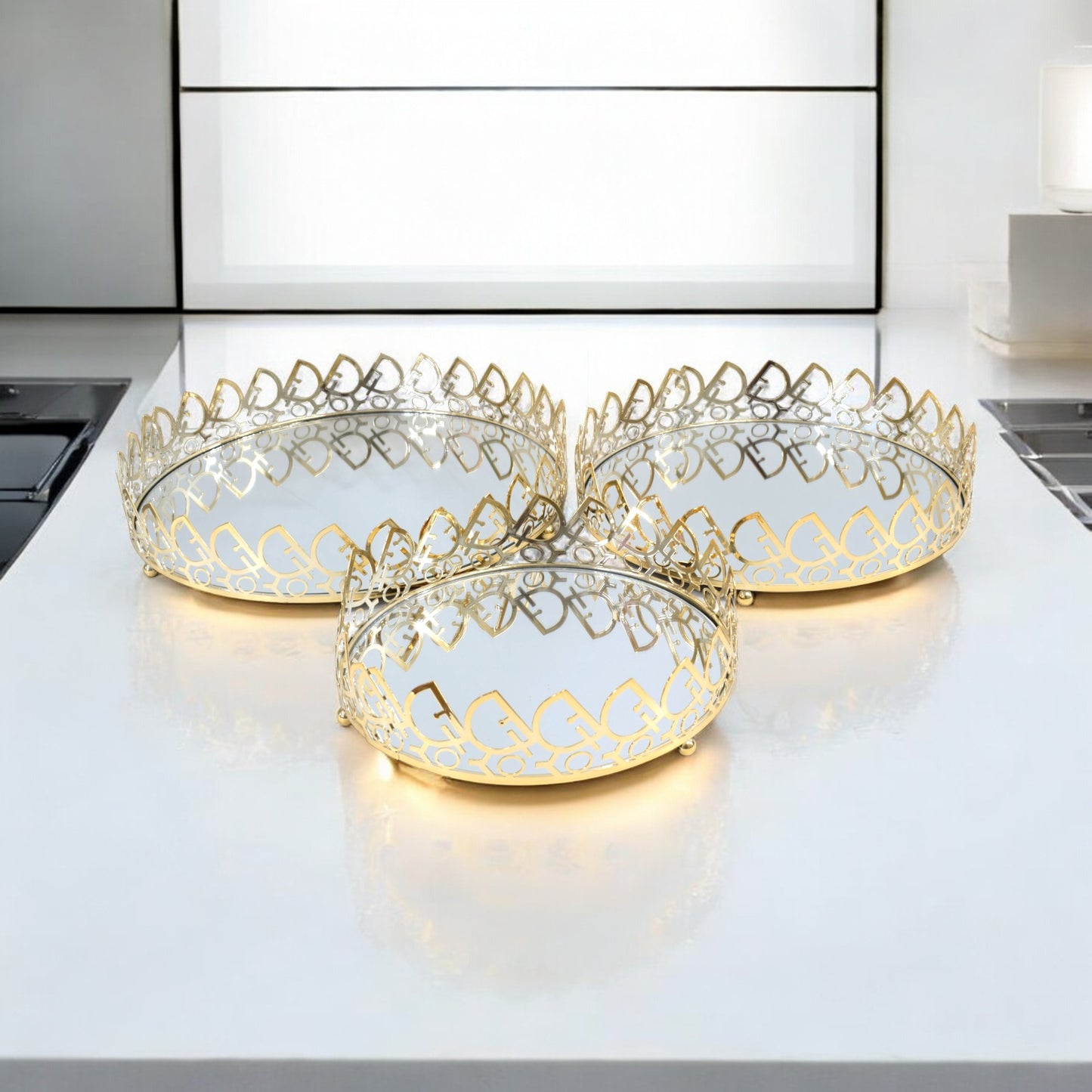 Milano 3 Piece Mirror Tray Set Gold