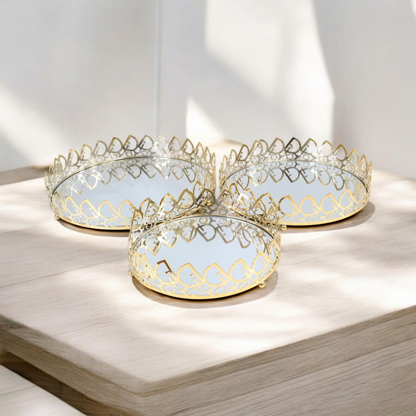 Milano 3 Piece Mirror Tray Set Gold