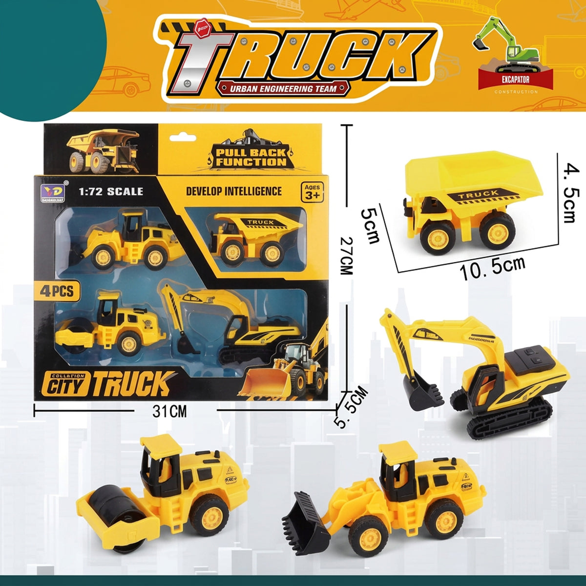 4 Piece 1:72 Pull Back Construction Vehicle Set Yellow