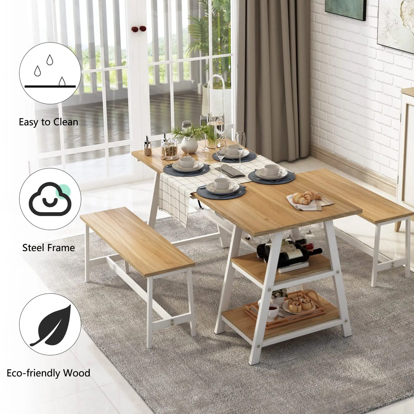 Exotic Designs Dining Set with Bench Brown & White