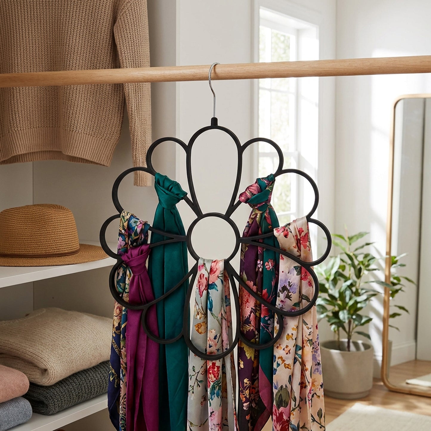 Velvet Covered Flower Design Scarf & Accessory Hanger Black