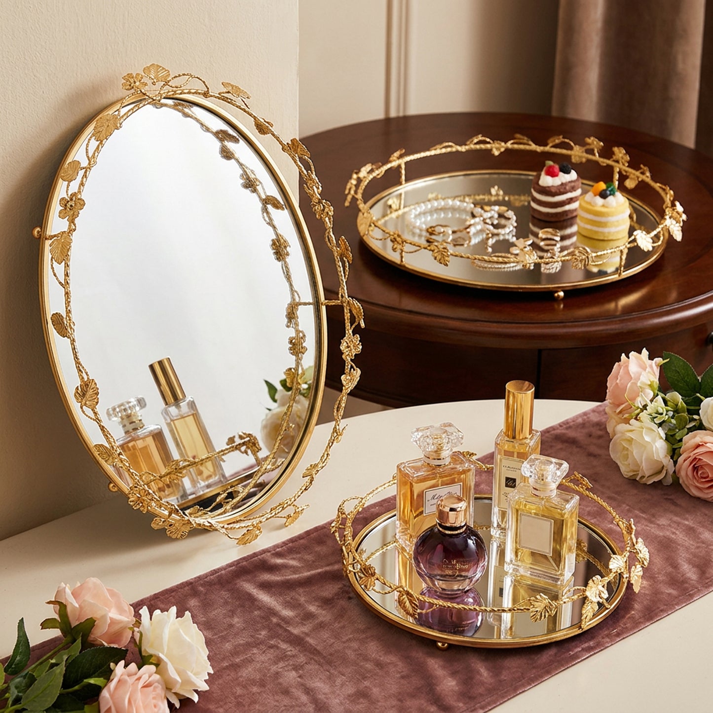 Floral 3 Piece Tray Set Gold