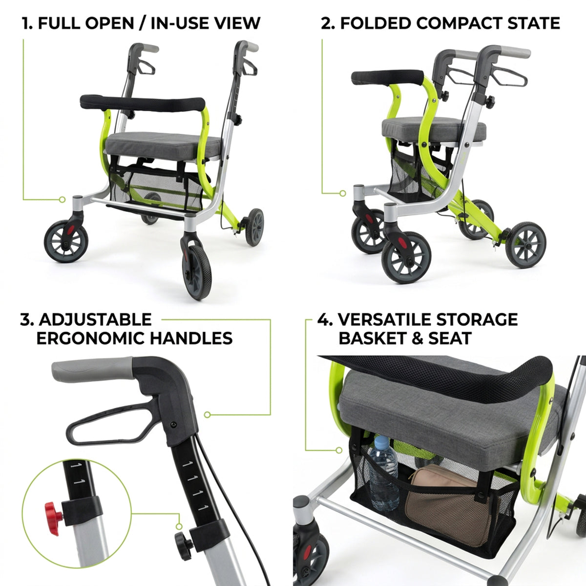 Foldable 4 Wheel Rollator Walker With Seat & Backrest Lime Green