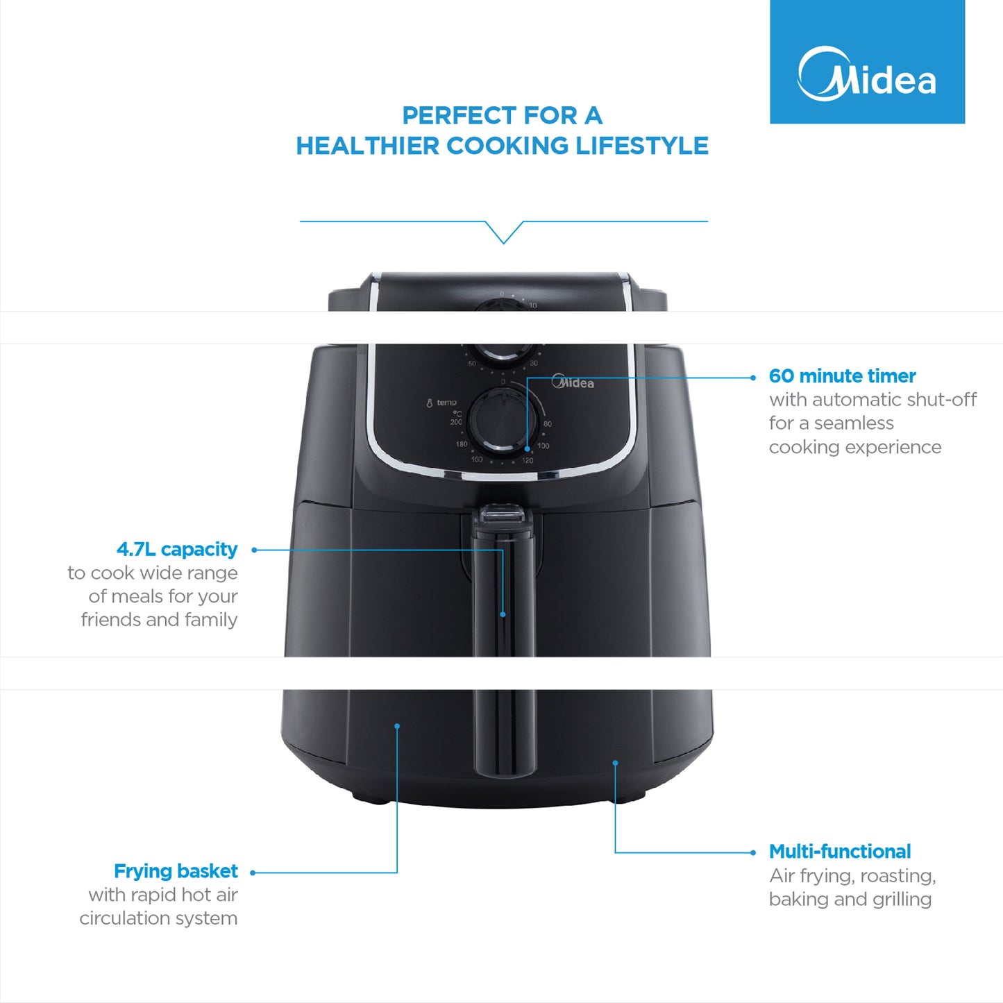Midea 4.7L Manual Air Fryer Black