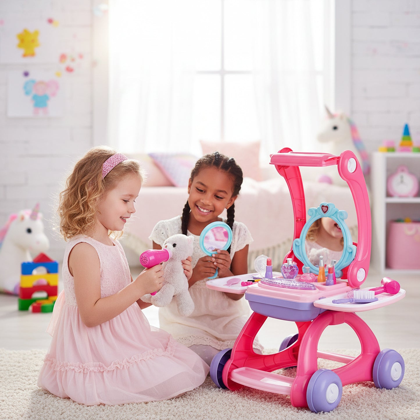 2-in-1 Shopping Trolley & Makeup Vanity Play Set Pink