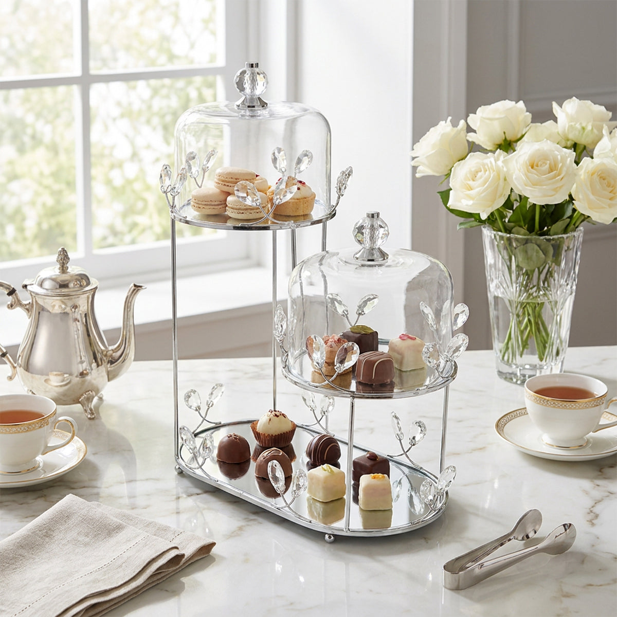 2 Tier Dessert Server with Domes Silver