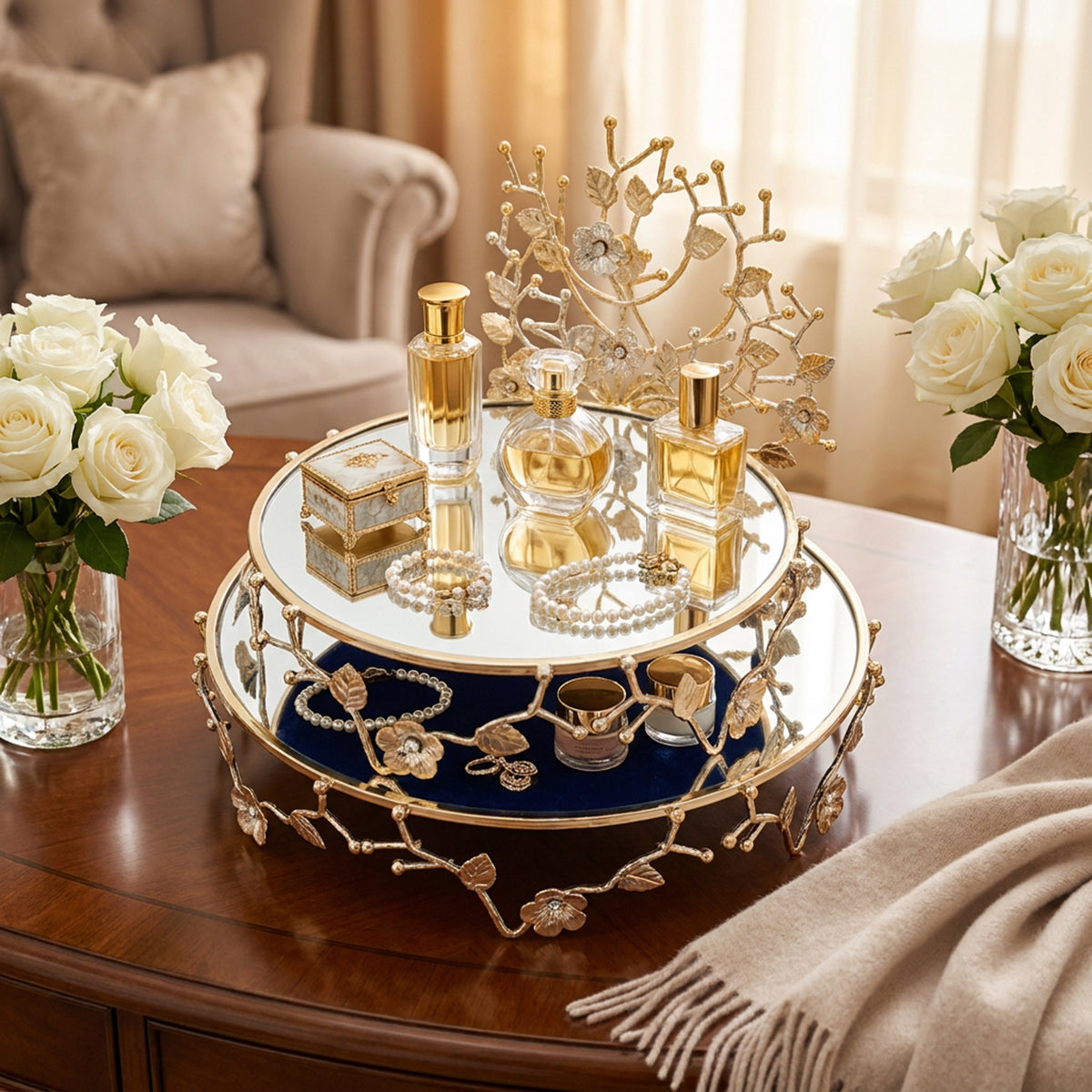 2 Piece Round Mirror Tray Set Gold