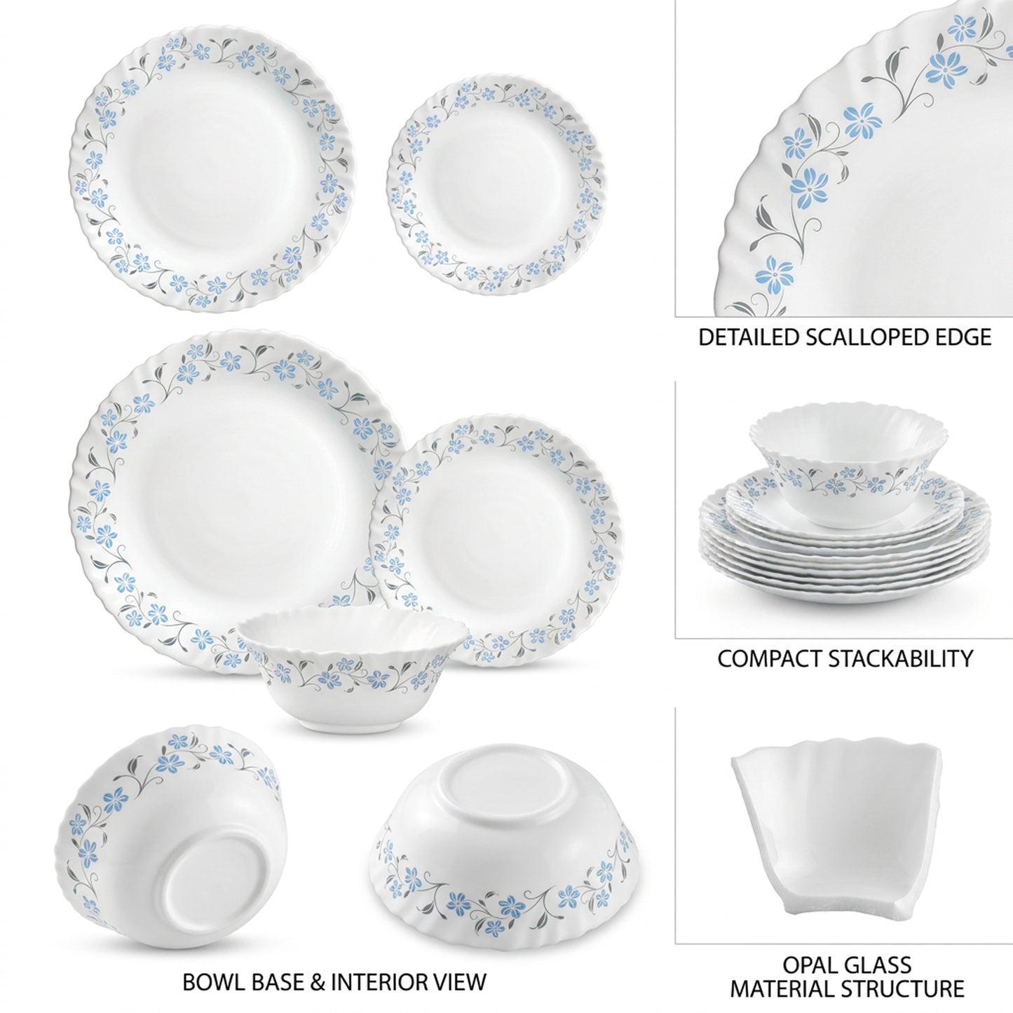 La Opala Classique Grace Blue 12 Piece Dinner Set White