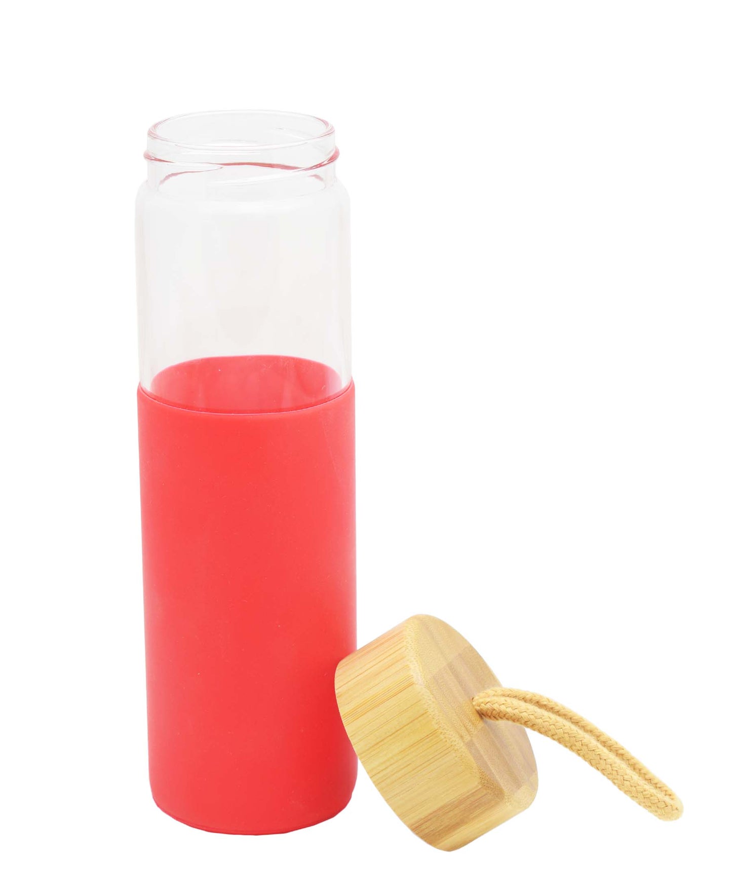 Kitchen Life Bamboo Lid Glass Bottle 450ML- Red