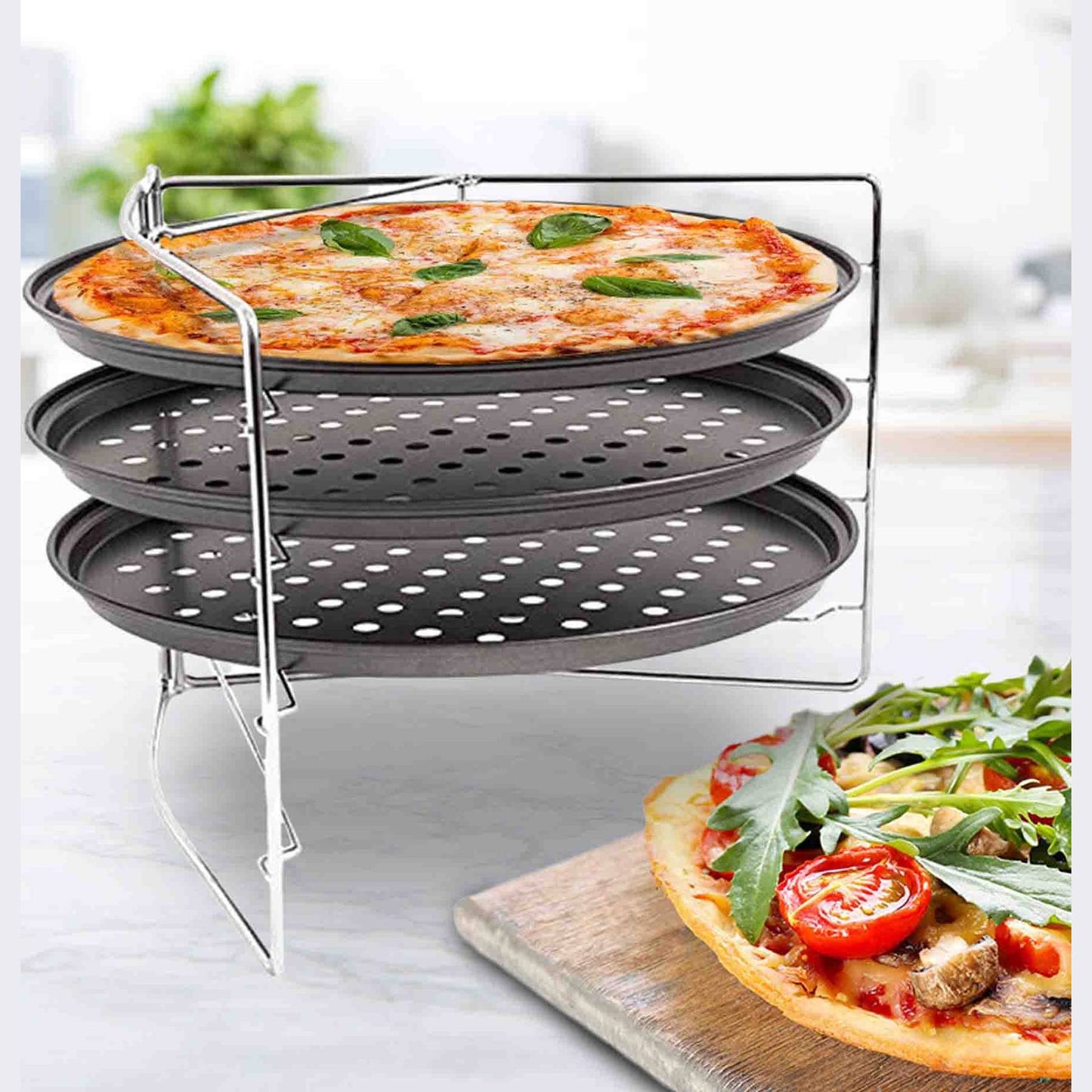 Excellent Houseware Non Stick 4 Piece Stackable Pizza Pan & Stand - Grey