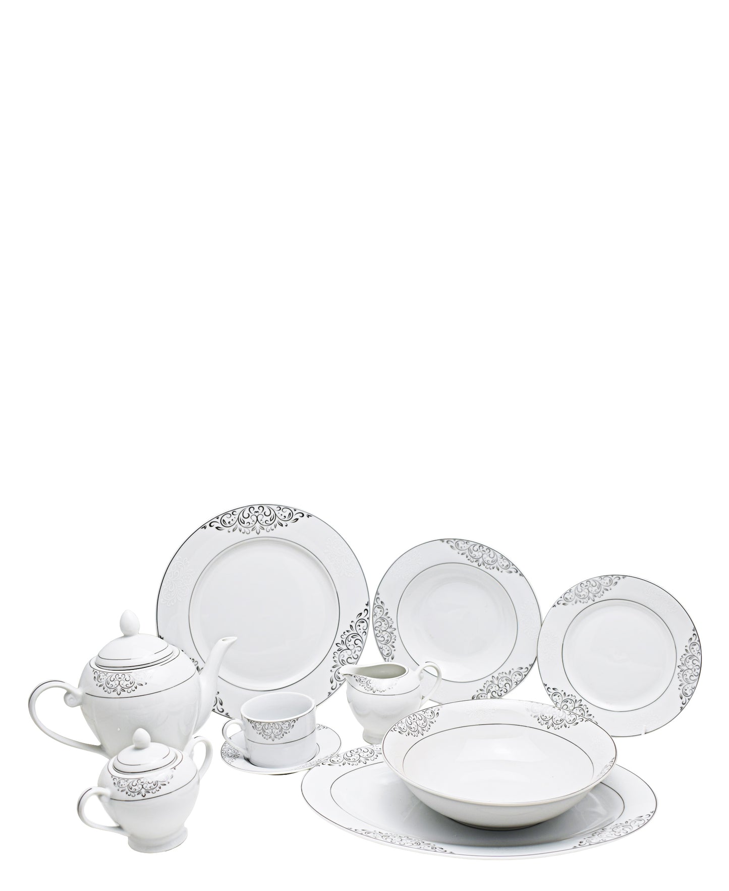 Table Pride 47 Piece Dinner Set - White With Black Floral Print