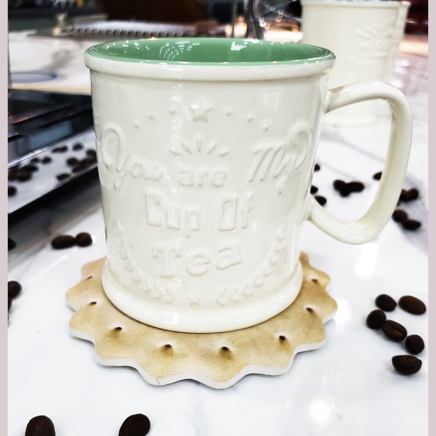 Kitchen Life Lungo 290ml Mug With Coaster - White & Green