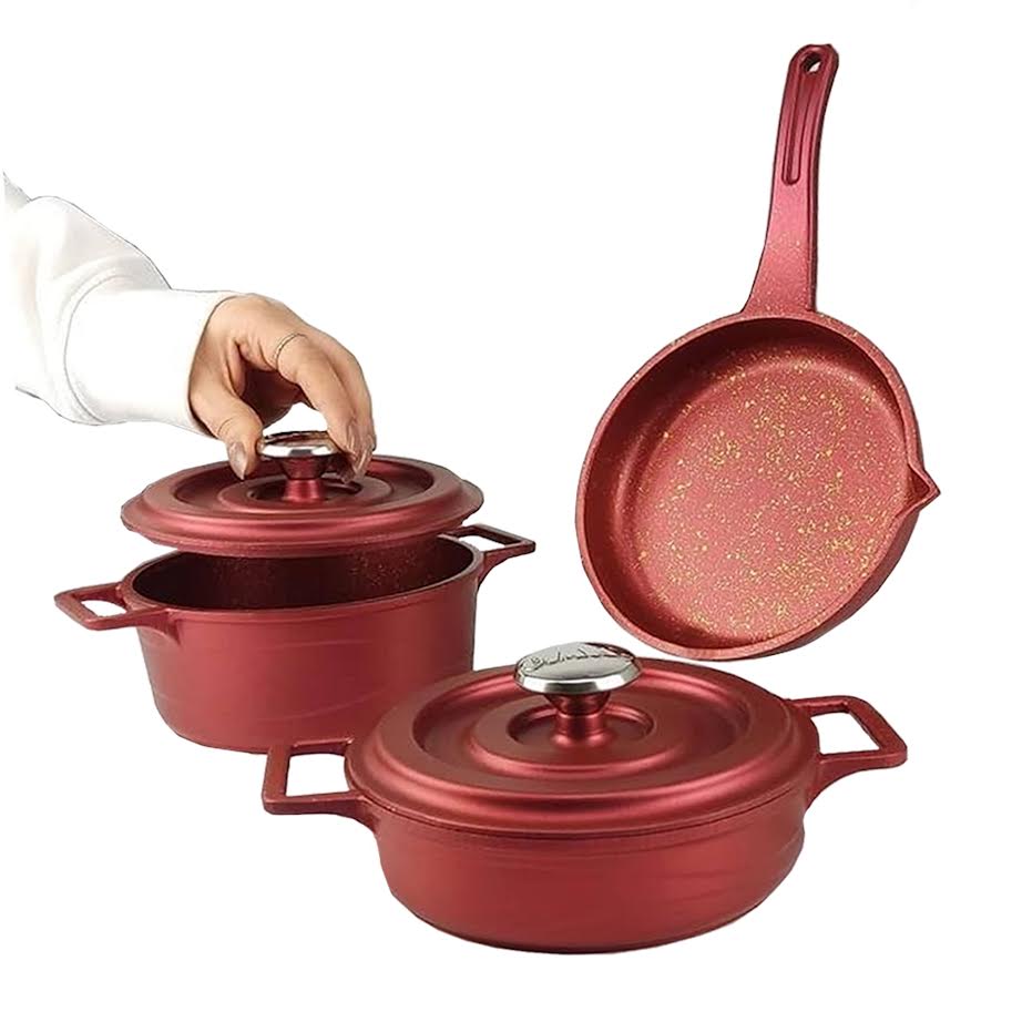 OMS 3 Piece Mini Cast Iron Pot Set Red