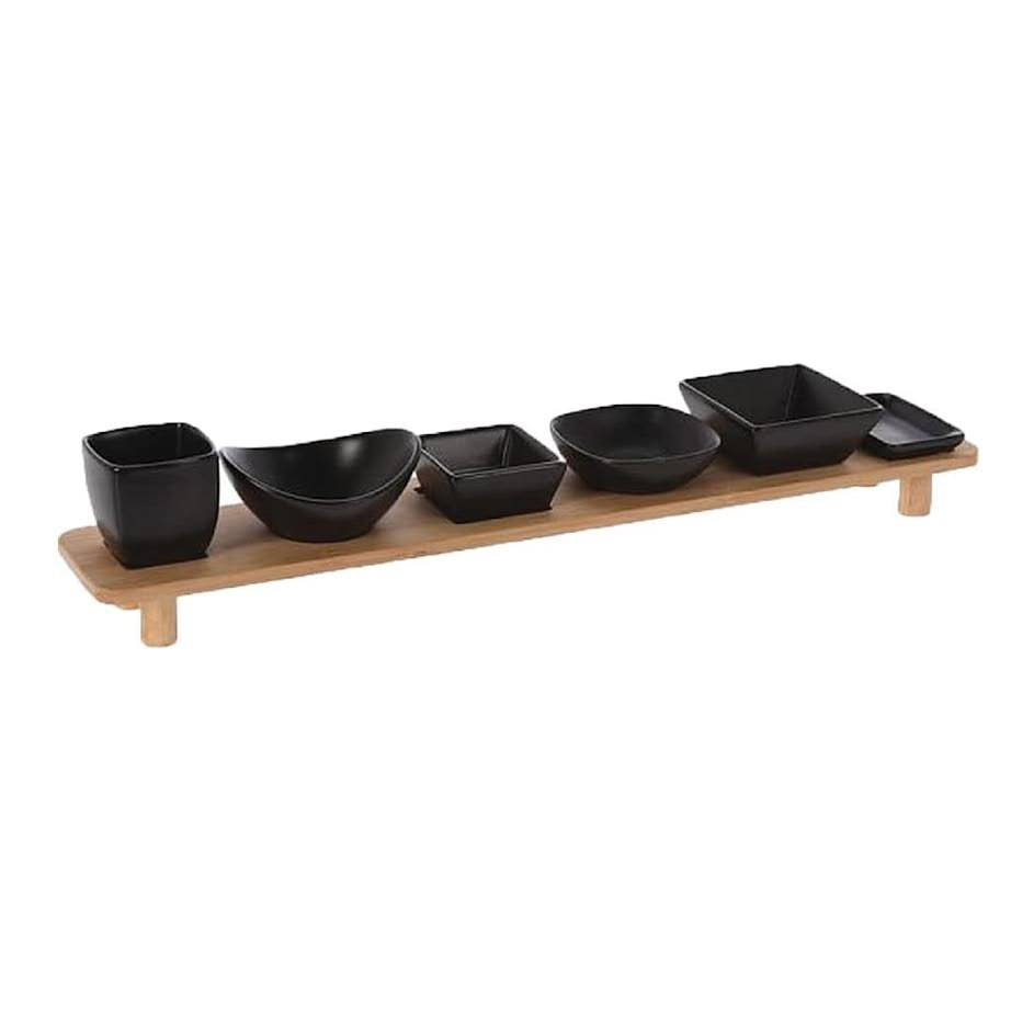 Excellent Houseware 7 Piece Serving Bowl with Bamboo Tray Set Black