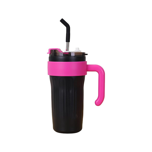 Kitchen Life 860ml Coffee Mug with Lid & Straw Black & Pink