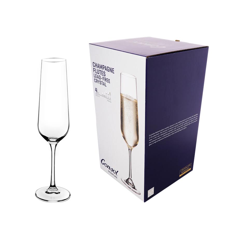 Consol 4 Piece 200ml Signature Vienna Stem Champagne Flute Glass Set Clear