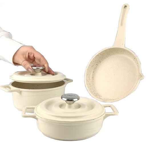 OMS 3 Piece Mini Cast Iron Pot Set Ivory