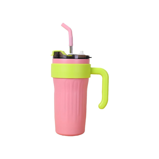 Kitchen Life 860ml Coffee Mug with Lid & Straw Pink & Green