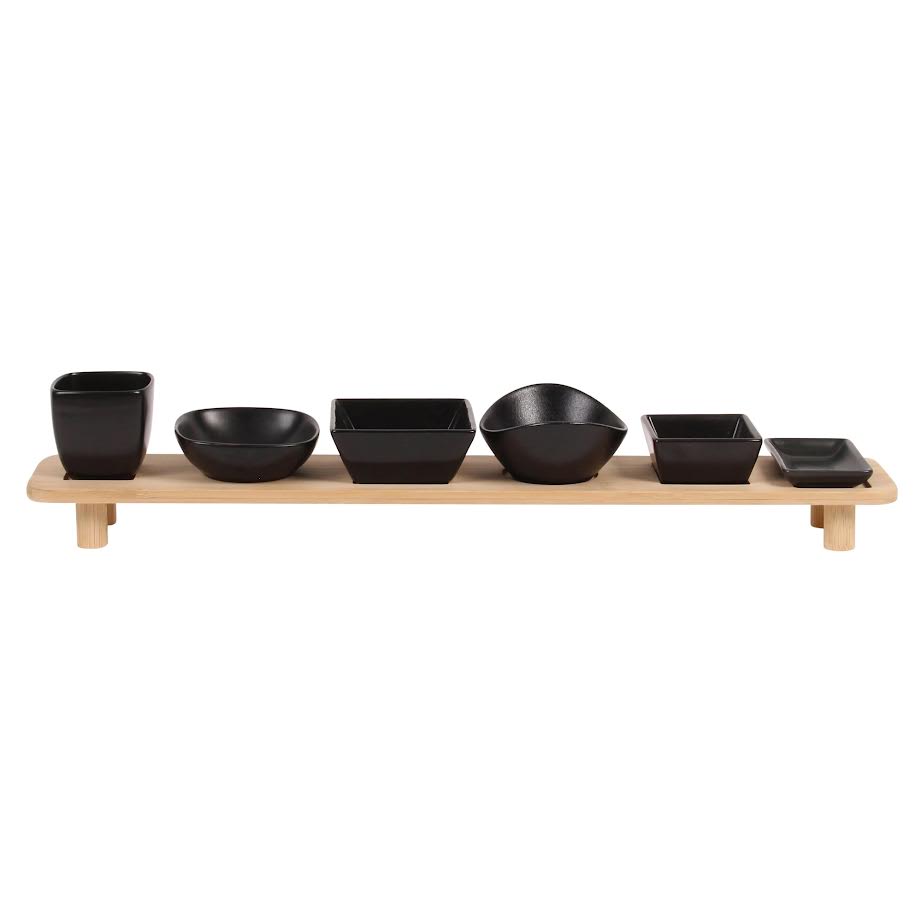 Excellent Houseware 7 Piece Serving Bowl with Bamboo Tray Set Black