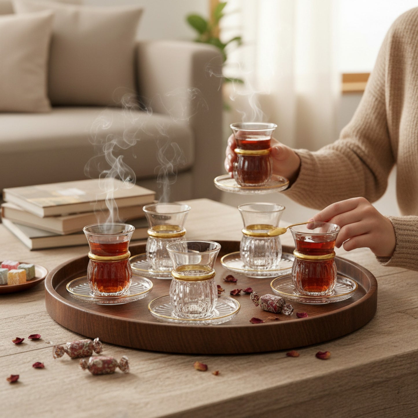 12 Piece Turkish Glass Set Clear & Gold