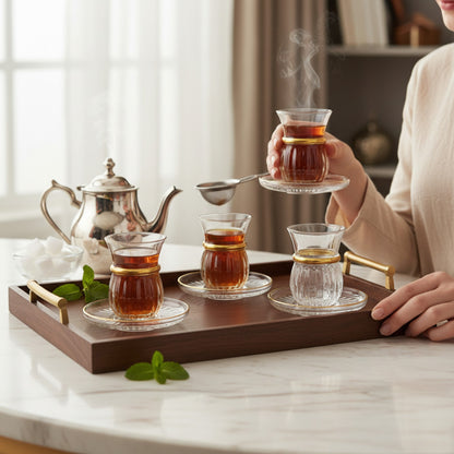 12 Piece Turkish Glass Set Clear & Gold