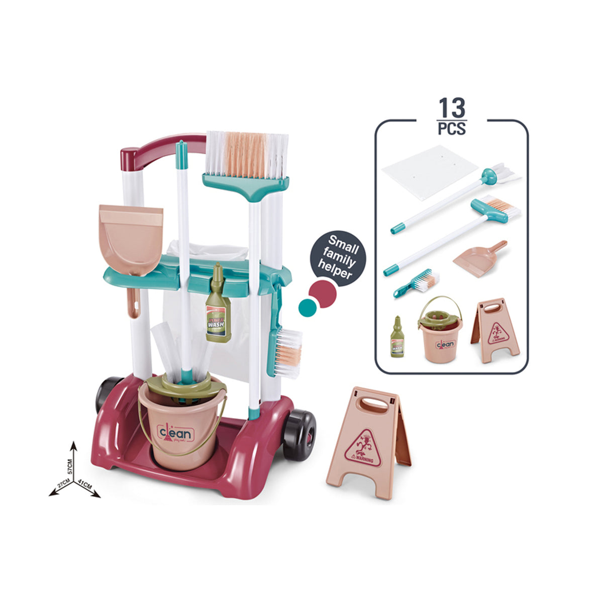 13 Piece Home Little Helper Cleaning Trolley Set Maroon