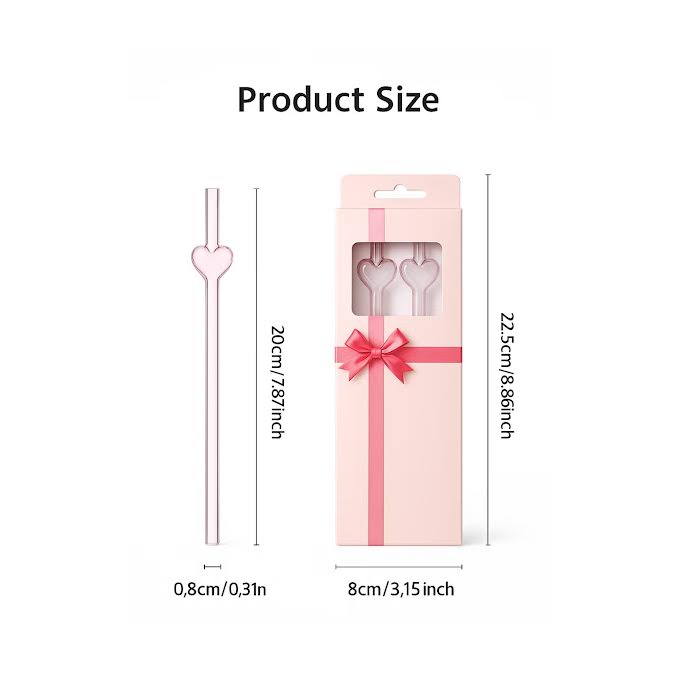 Reusable Glass Straws with Heart Design Pink
