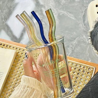 6 Piece Curved Glass Straw Set Multicoloured