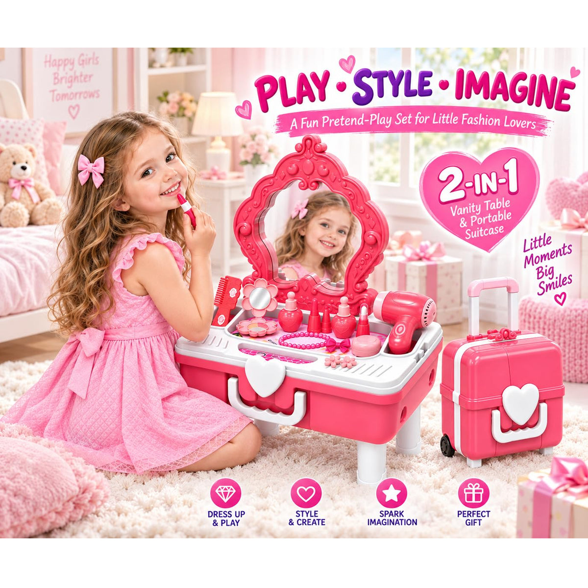 2 in 1 Beauty Table & Suitcase Set Pink