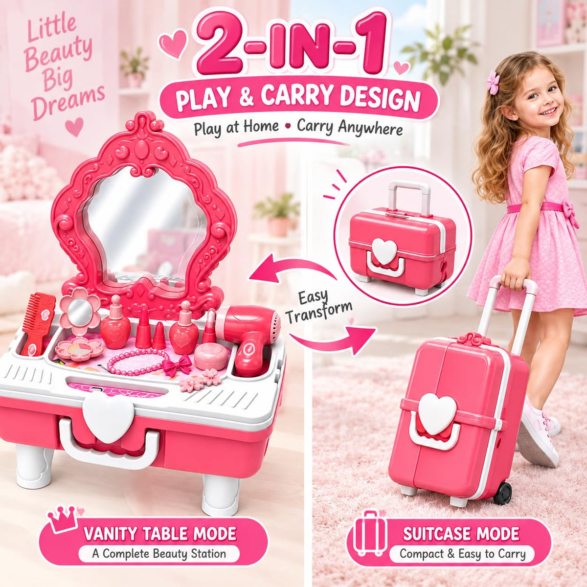 2 in 1 Beauty Table & Suitcase Set Pink