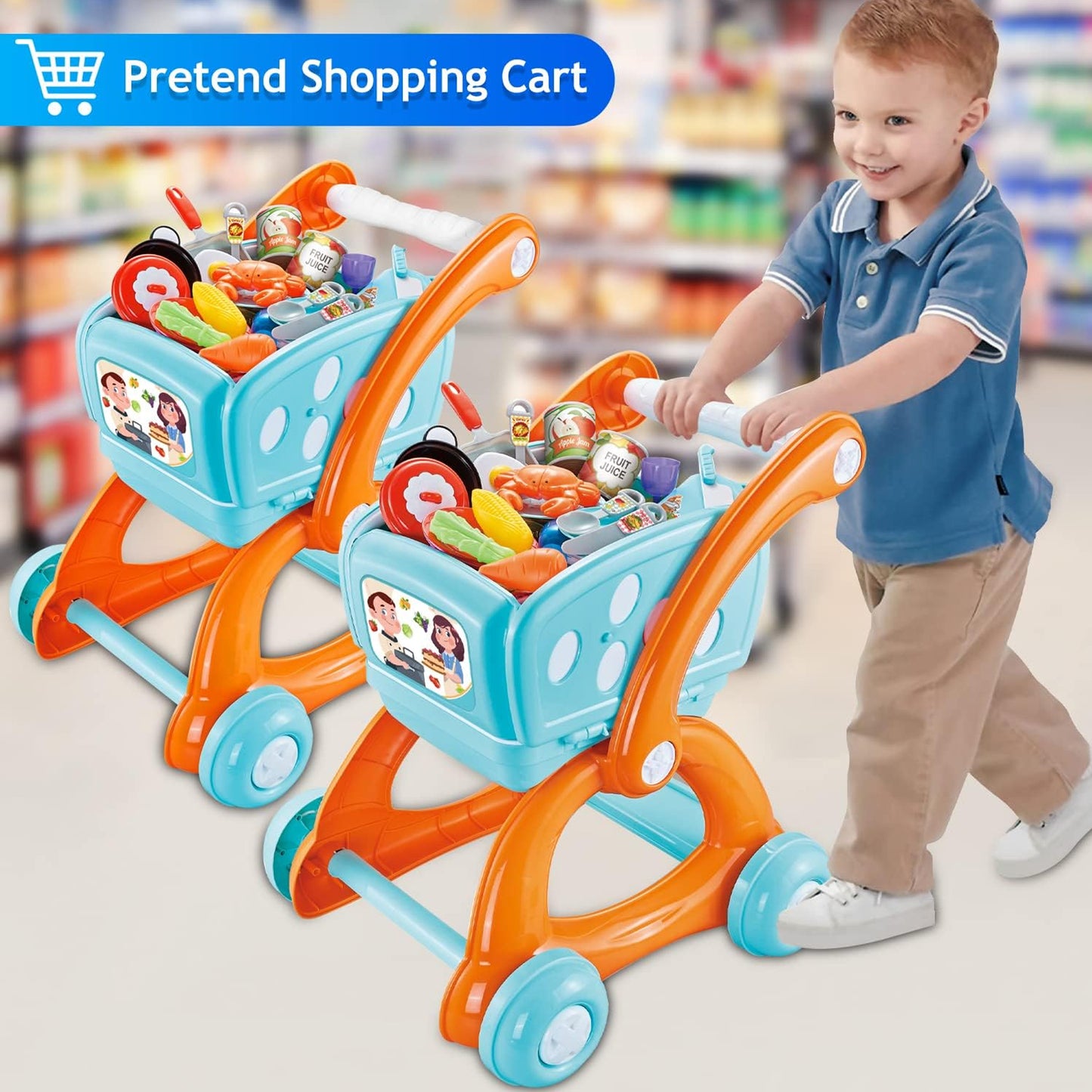 2-in-1 Shopping Trolley & Kitchen Play Set Blue