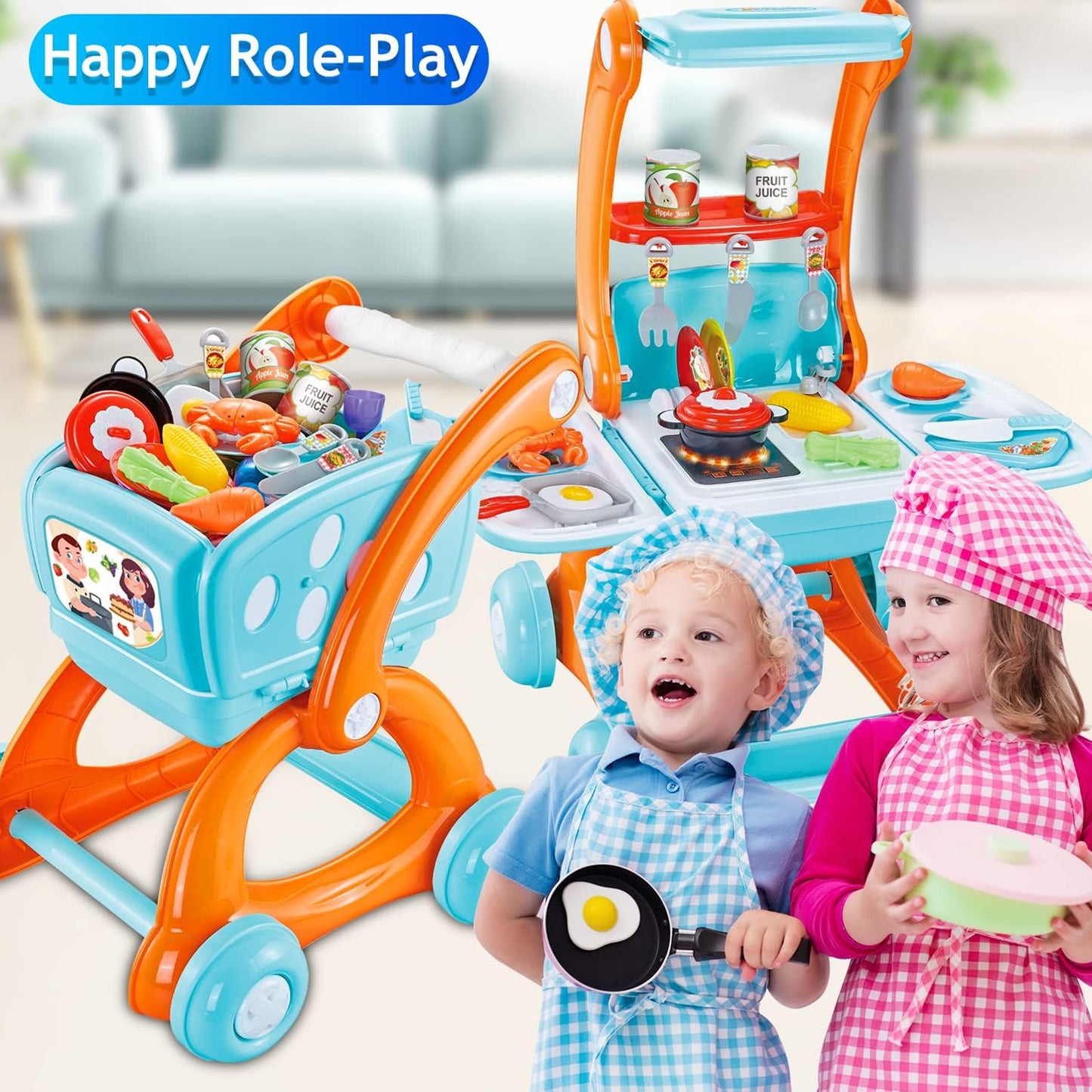 2-in-1 Shopping Trolley & Kitchen Play Set Blue
