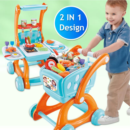2-in-1 Shopping Trolley & Kitchen Play Set Blue