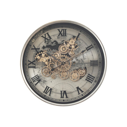 2 in 1 Vasco Map Moving Gears Side Table Floor Clock Silver