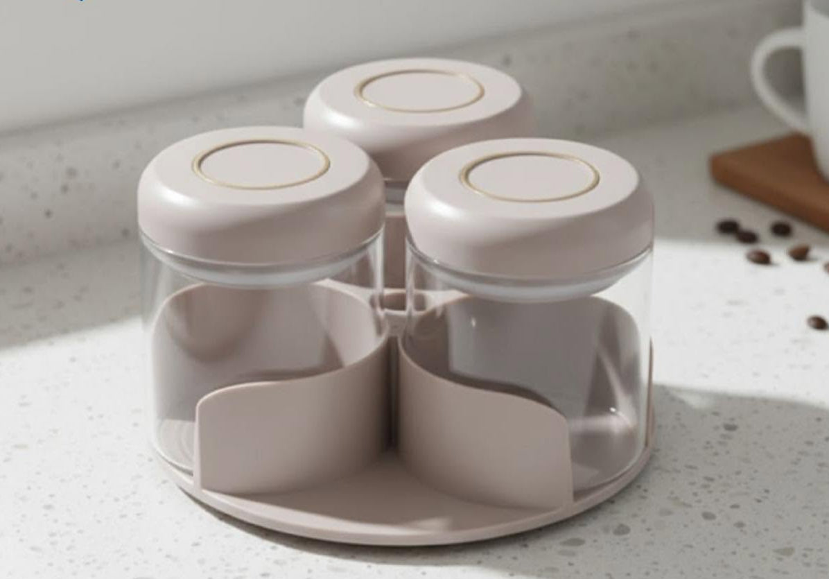 CH 3 Piece Glass Condiment Set with Rotating Rack Natural