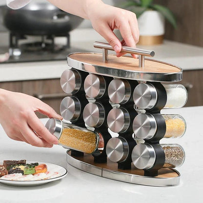CH 12 Piece Spice Jar Wooden Rack Oval