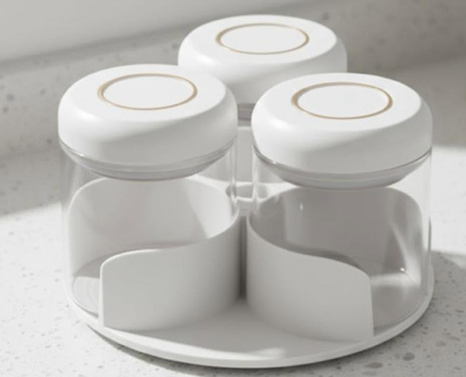 CH 3 Piece Glass Condiment Set with Rotating Rack Cream
