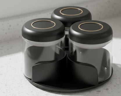 CH 3 Piece Glass Condiment Set with Rotating Rack Black