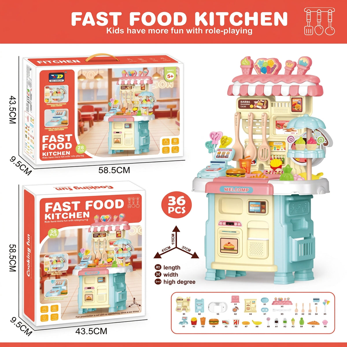 36 Piece Fast Food Kitchen Play Set Blue