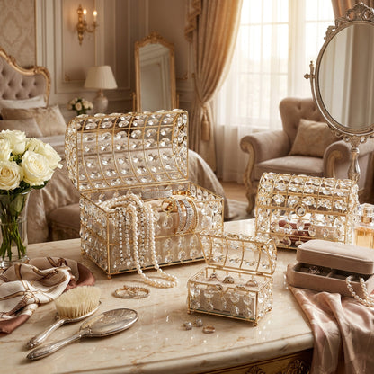 3 Piece Mirror Jewellery Box Set Gold