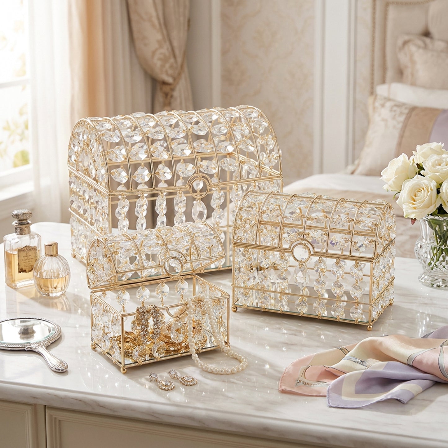 3 Piece Mirror Jewellery Box Set Gold