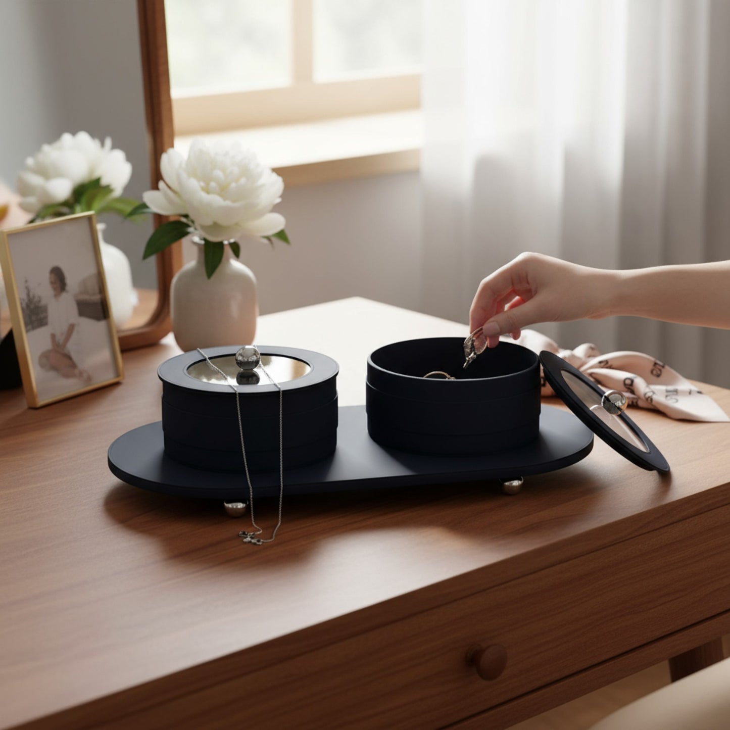 3 Piece Leather Trinket Box Set Black