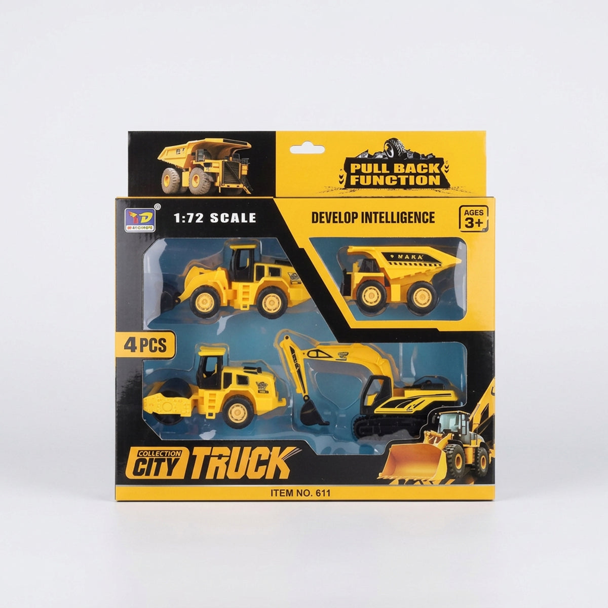 4 Piece 1:72 Pull Back Construction Vehicle Set Yellow