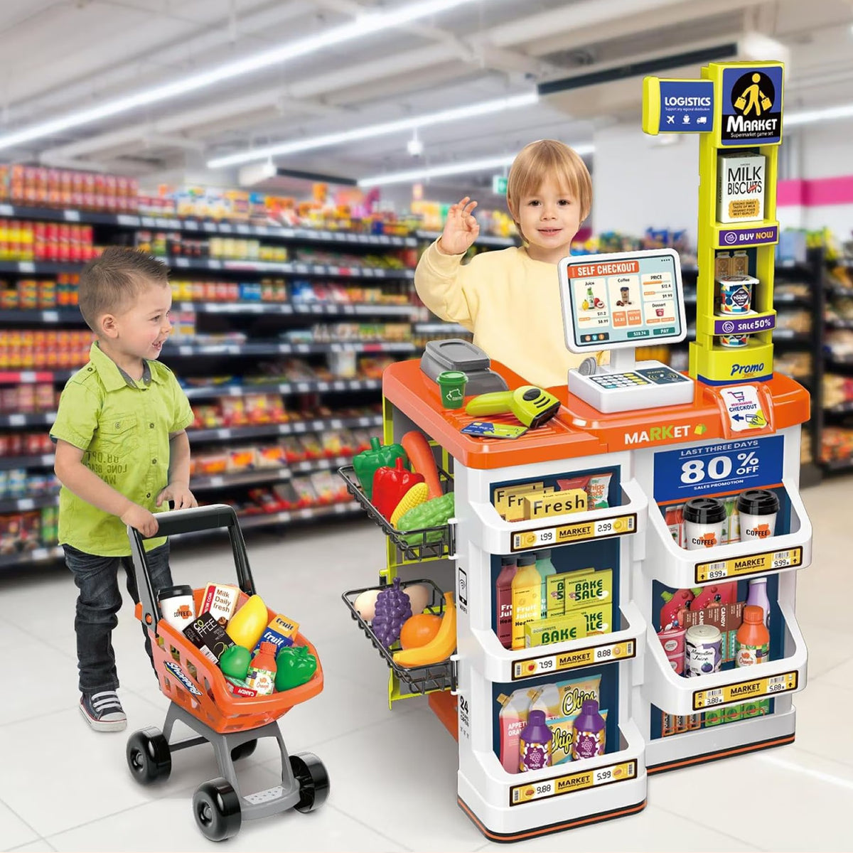 60 Piece Supermarket Cash Register Play Set Orange