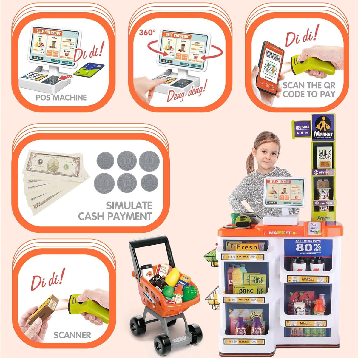 60 Piece Supermarket Cash Register Play Set Orange